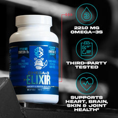 Gorilla Mind Omega-3 Elixir label highlights purity testing and sustainable sourcing