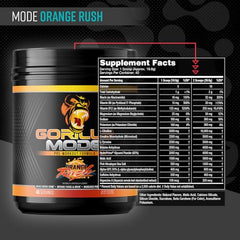 Gorilla Mind Gorilla Mode Orange Rush bottle side view emphasizes easy mixing and sustained energy