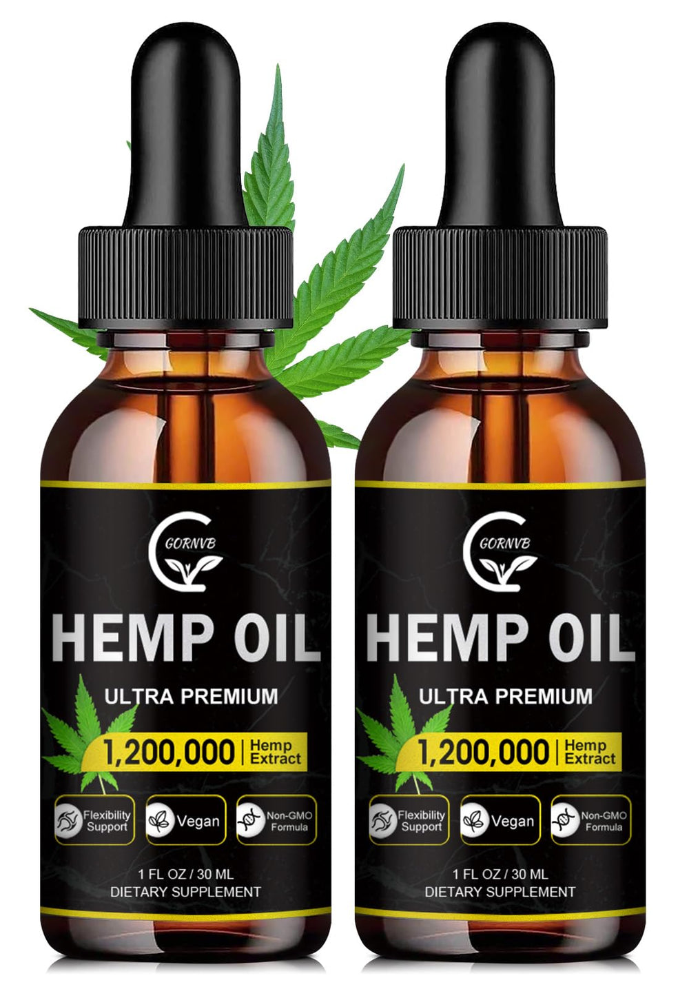 GORNVB high potency hemp oil 2-pack bottle front, showcasing relaxation potential.