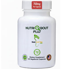 Gout and You NutriGout Plus bottle close-up showing premium uric acid support features
