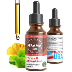 Grama Wellness focus bottle pour shows easy daily dosing for kids