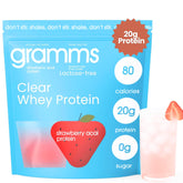 GRAMMS Clear Protein Bottle Pour shows a high-protein, low-calorie drink ready to enjoy.