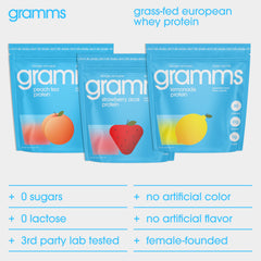 GRAMMS clear protein packet close-up with strawberry acai flavor