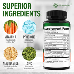 GRAMRIGHT Perfect Skin Acne Pills label closeup shows vegan, non-GMO ingredients.