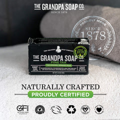 Soap in a bathroom setting by Grandpa Soap Company ready for refreshing hand wash.