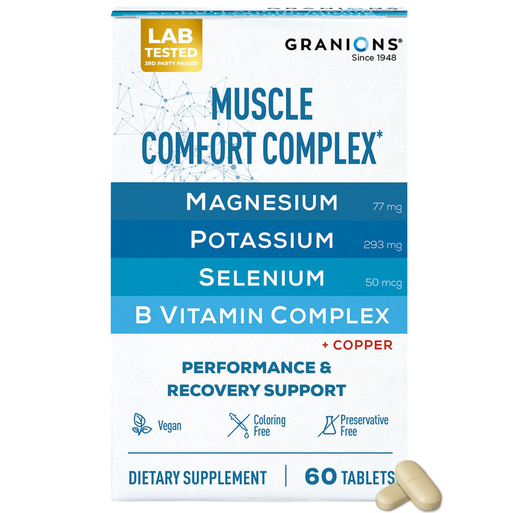Granions Muscle Relaxer Pills bottle on counter illustrating daily muscle support