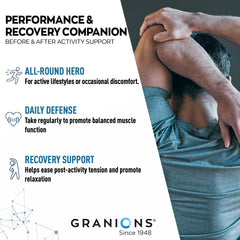 Granions Muscle Relaxer Pills label detail showing ingredients and quality promise