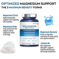 Granions Triple Magnesium tablets close-up showing the 420 mg dose for daily balance.