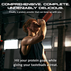 Granite Nutrition peanut butter flavor bottle beside glass highlighting clean nutrition.