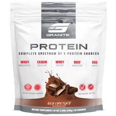 Granite Nutrition protein powder tub in rich chocolate for muscle support and recovery.