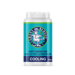 Gran's Remedy cooling foot powder bottle dispense for easy application and lasting freshness.
