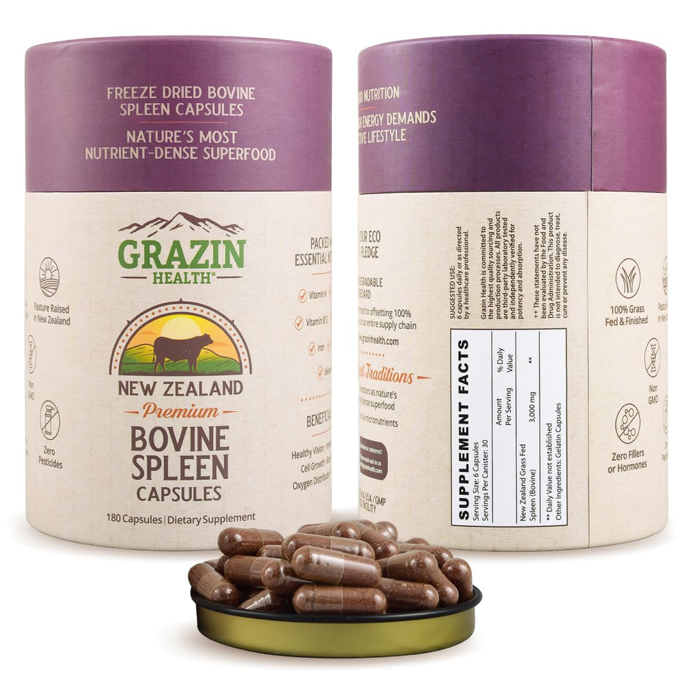 GRAZIN HEALTH grass-fed spleen capsules bottle for convenient daily nutrition.