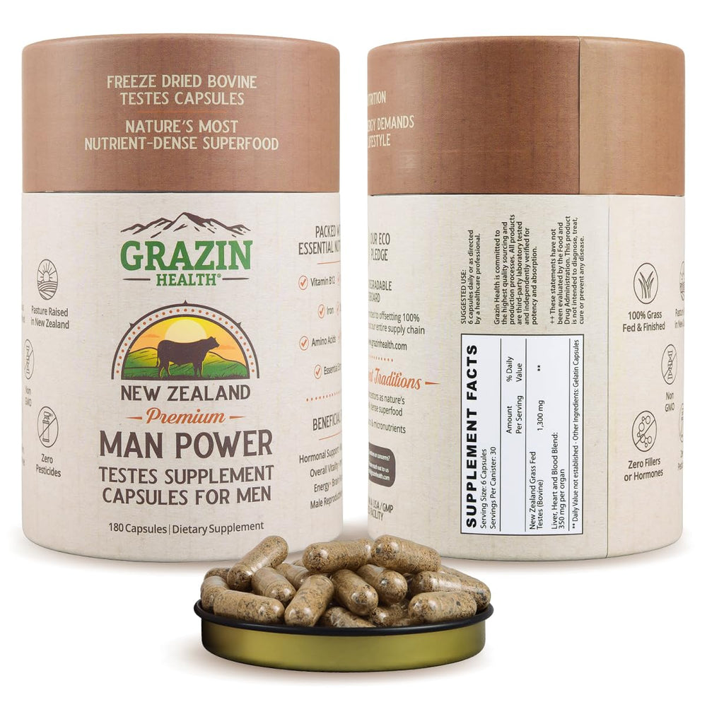 GRAZIN HEALTH grass-fed testes capsules bottle for daily energy support.