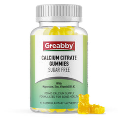 Greabby calcium citrate gummies bottle shows 60-count, convenient daily bone support.