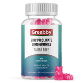 GREABBY Zinc Gummies bottle showing 60 sugar-free 50 mg zinc picolinate gummies for daily use