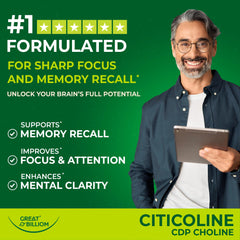 Close-up of Great Billiom Citicoline capsules for memory and focus.
