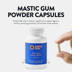 Close-up of Greco Gum Mastic capsules showing convenient daily use