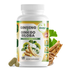 GreeNatr ginkgo biloba panax ginseng bottle highlighting memory support and steady energy.