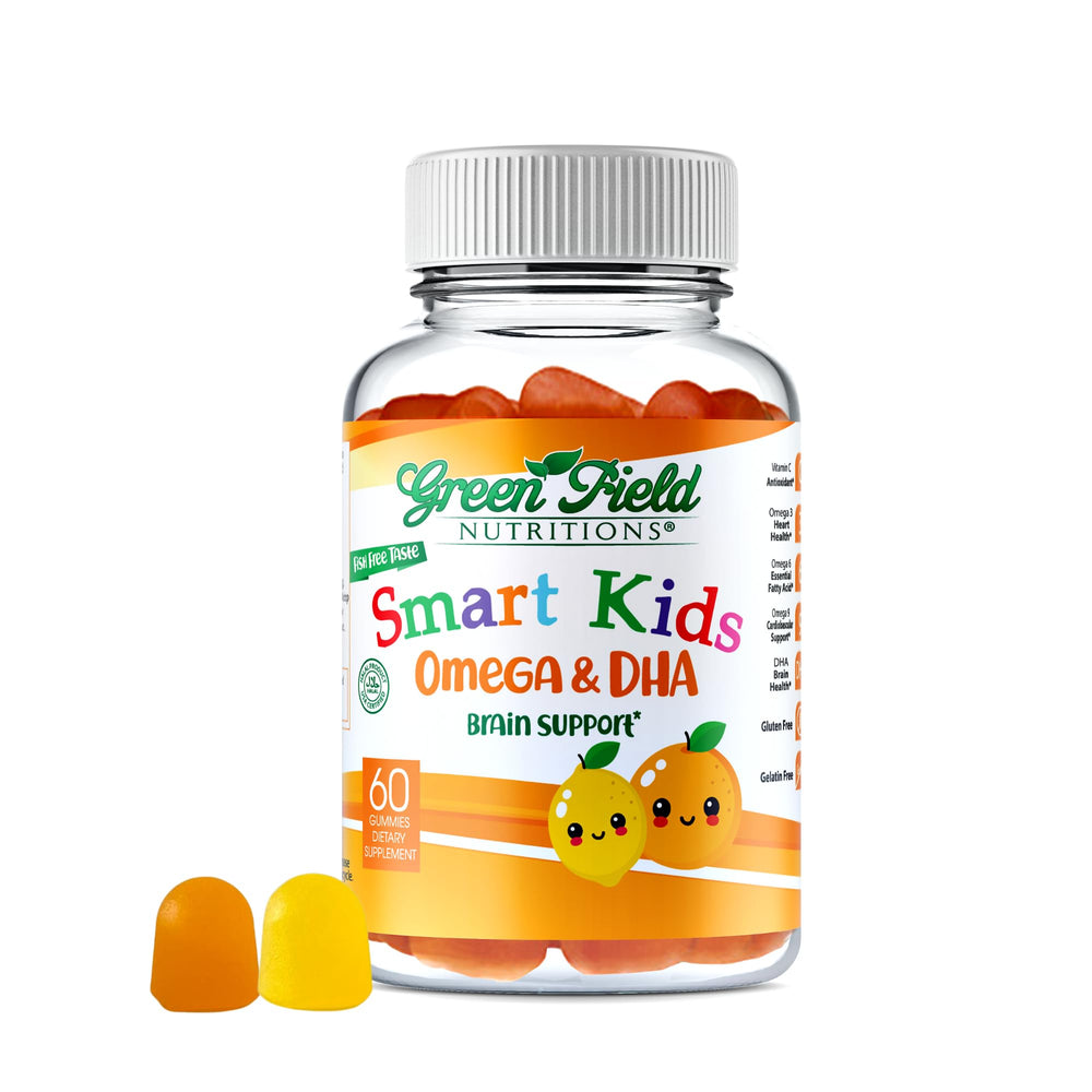 Green Field Nutritions Smart Kids gummies bottle on table highlighting daily DHA support