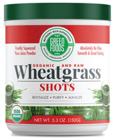 Green Foods Wheat Grass Shot bottle highlights vibrant greens for daily wellness.