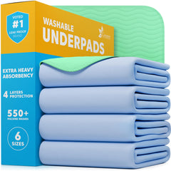 GREEN LIFESTYLE Washable Underpads four-pack on a bed for reliable absorbency.
