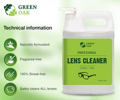 Green Oak gallon bottle refilling eyewear and camera lenses with safe, non-toxic formula.