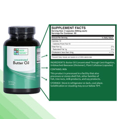 Green Pasture Concentrated Butter Oil Capsules closeup emphasizing easy-to-swallow plant cellulose capsules.