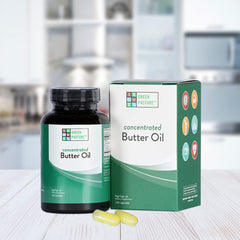 Green Pasture Concentrated Butter Oil label highlights natural vitamin A and CLA.