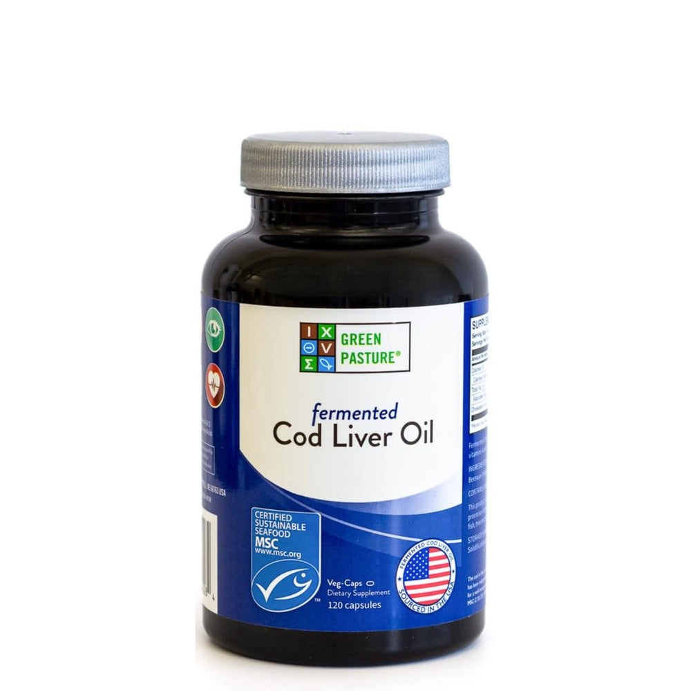 Green Pasture fermented cod liver oil bottle poured for daily use
