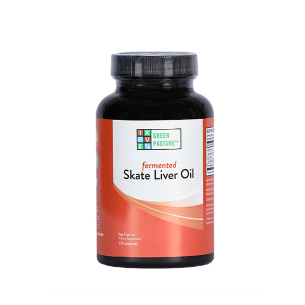 Green Pasture fermented skate liver oil bottle for daily vitality.