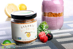 Greenbow Organic Bee Pollen jar beside a breakfast bowl for easy daily use