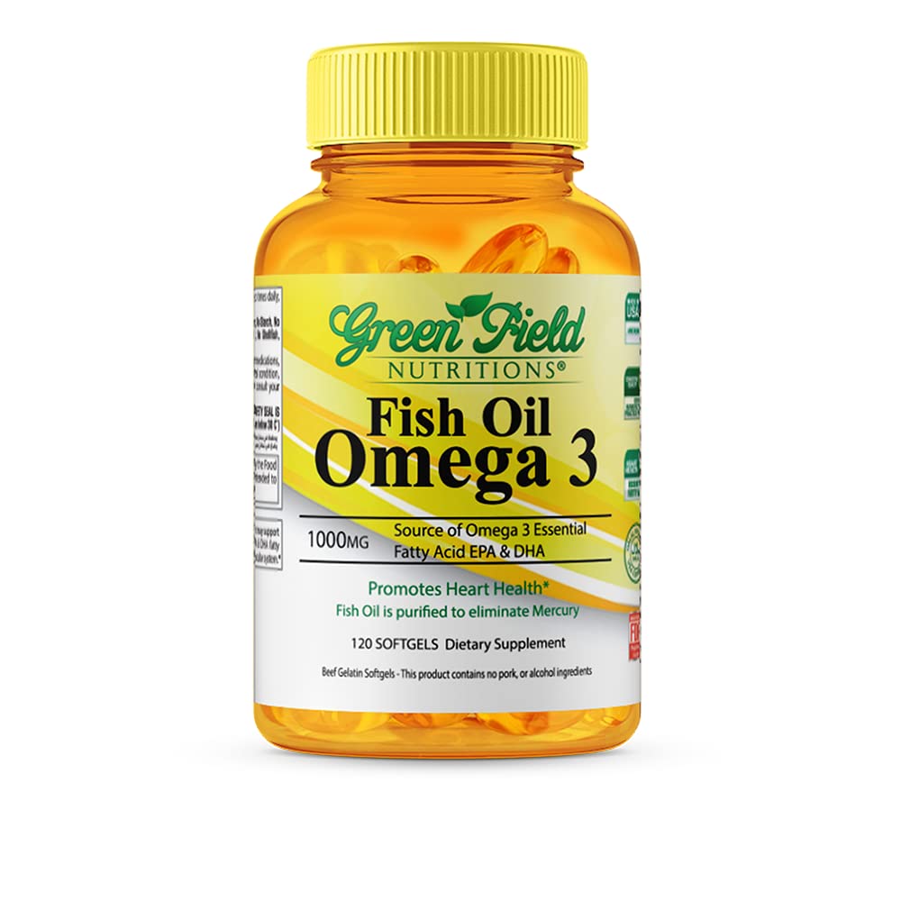 Greenfield Nutritions Halal Fish Oil bottle with dosage and omega-3 heart-brain support
