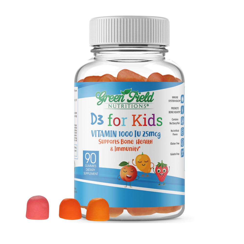 Greenfield Nutritions halal vitamin D3 kids gummies bottle with mango peach flavor for daily use.