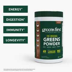 Powder scoop close-up highlights rich chocolate Greens First flavor.