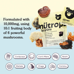 Grüns Nutrops bottle features 10k mushroom blend aimed at cognitive support.