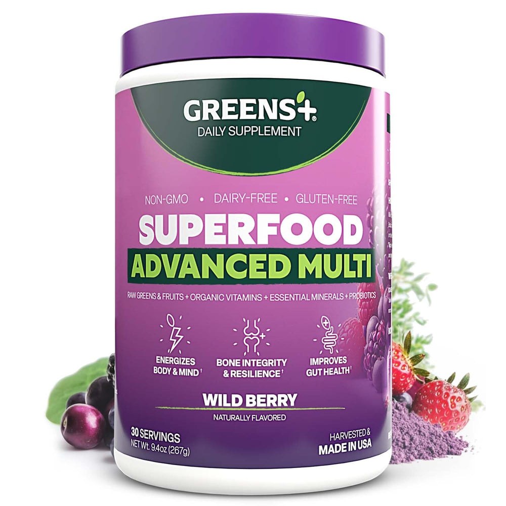 Greens+ Advanced Multi Wild Berry powder tub front view, convenient daily nutrition boost.