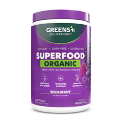 Greens+ Organic Wild Berry Powder front label for daily energy support