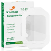 GreetMed transparent film dressing 50-pack on skin, compact for first aid kits.