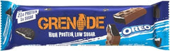 Grenade Oreo vanilla bar cross-section shows layered protein and cocoa.