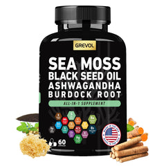 Grevol Sea Moss capsules bottle front view for daily vitality.