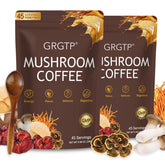 GRGTP Mushroom Coffee front packaging showing vegan, gluten-free formula for clean energy.