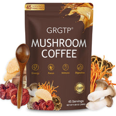GRGTP Mushroom Coffee packaging showcases a 45-serving jar for steady, jitter-free energy