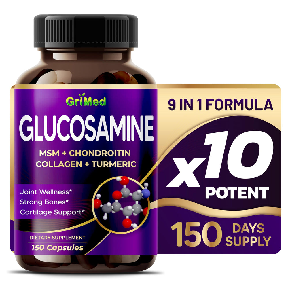 GriMed Glucosamine 12,000mg bottle highlights joint support and value for daily use.