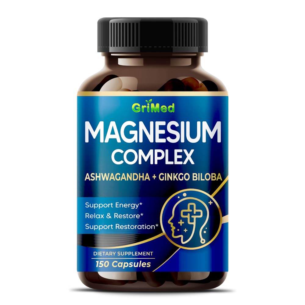 GriMed Magnesium Complex capsules with Ashwagandha and Ginkgo for daily energy support.
