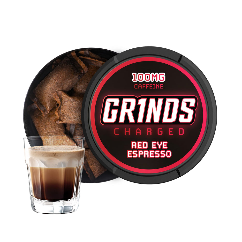 GRINDS Red Eye Espresso can with coffee pouch delivers a bold energy boost on the go.