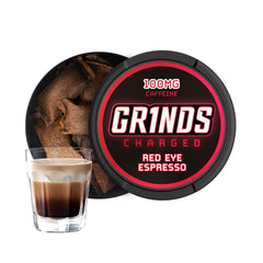 GRINDS Red Eye Espresso can showcasing nicotine-free energy for focused work.