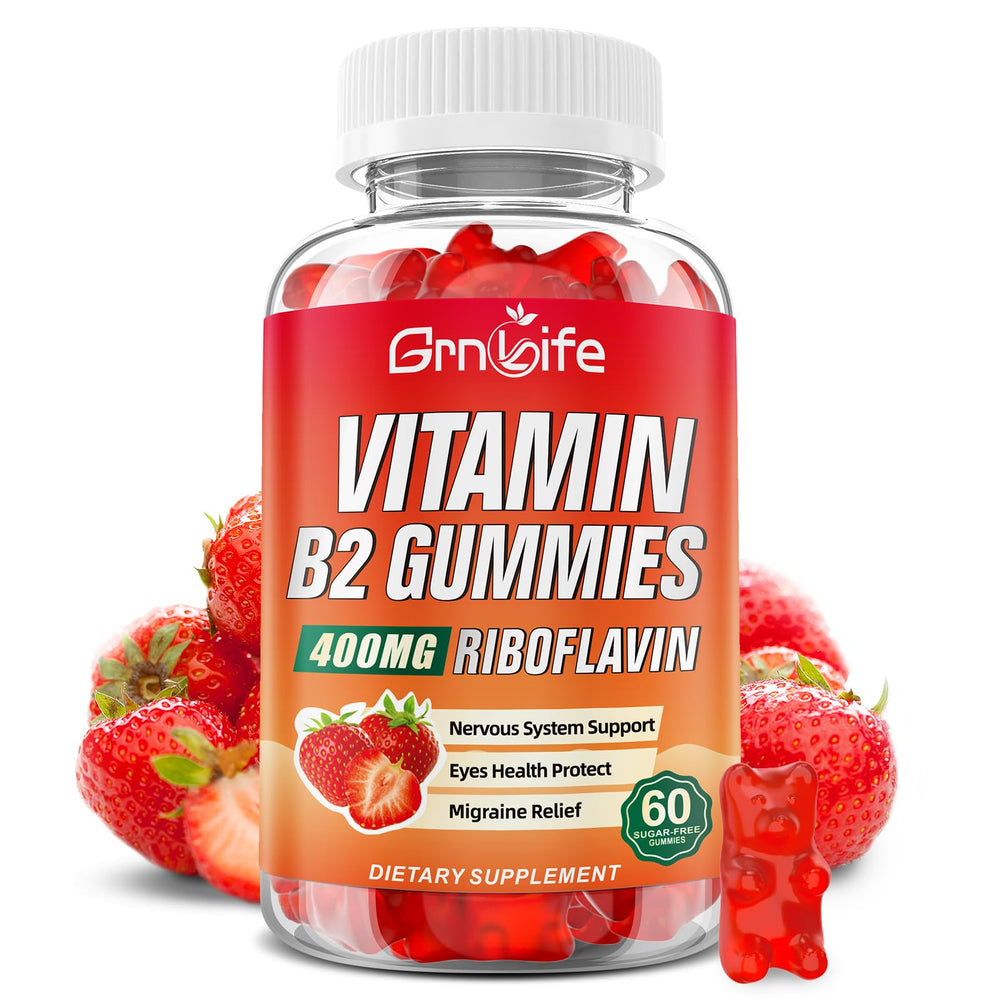 GrnLife Vitamin B2 Gummies bottle shown for daily energy support.