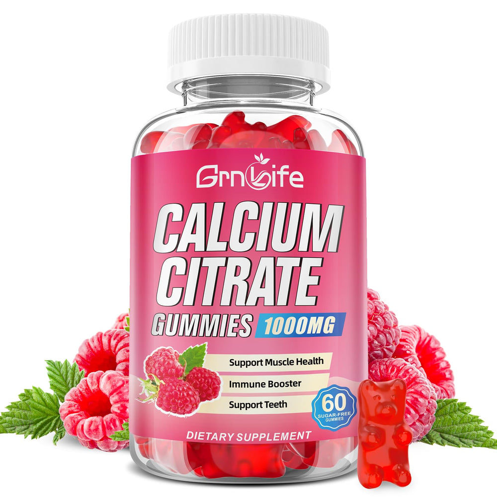 GrnLife Calcium Citrate Gummies bottle front in raspberry flavor, sugar-free daily calcium.