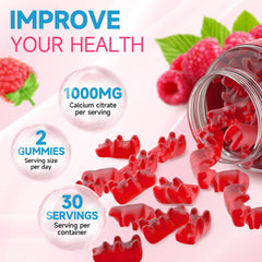GrnLife calcium citrate gummies raspberry label close-up, GMP tested quality