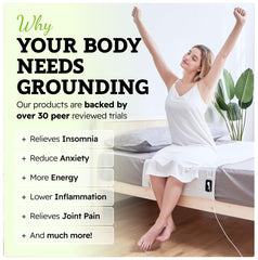GroundingWell grounding sheet on bed showing universal fit for multiple sizes